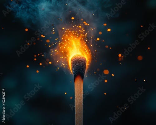 Dramatic image of a matchstick igniting, symbolizing the spark leading to a greater occurrence, intense fire dynamics, striking visuals