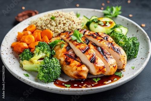 A delicate watercolor illustration of a balanced meal with grilled chicken, quinoa, and steamed vegetables, showing the simplicity and beauty of a muscle-building diet