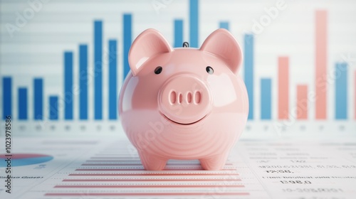 Cute Piggy Bank on Financial Chart with Investment Data