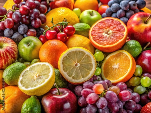 A colorful assortment of organic fruits featuring grapes, citrus, and apples, artfully arranged against a simple, neutral background that highlights their vibrant hues.