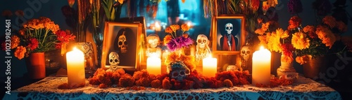 A vibrant altar adorned with candles, flowers, and framed images, celebrating the Day of the Dead tradition with colorful decorations.