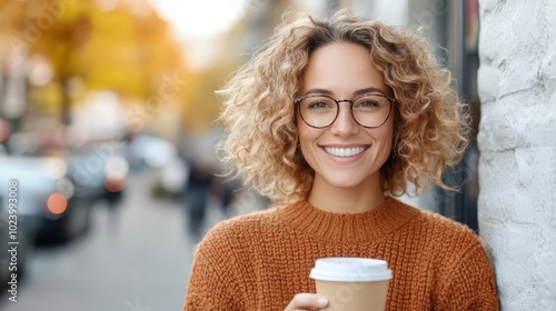 Cheerful woman with curly hair wearing glasses and an orange sweater holds a coffee cup outdoors, capturing urban life and cozy fall atmosphere.