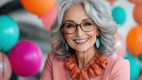 A sophisticated woman with gray hair and glasses smiling in a peach outfit, surrounded by multicolored balloons, exuding warmth, elegance, and joy.