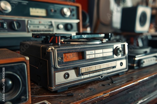 Vintage radio cassette player on a wooden table in a garage.