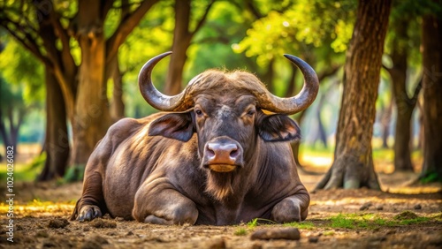 Tired buffalo with sawn-off horn resting in shade of trees, buffalo, animal, tired, horn, sawn-off, shade, trees, nature