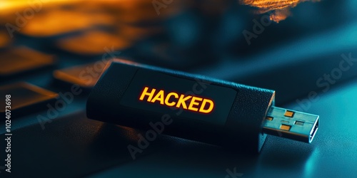 USB thumbdrive with "HACKED" on screen 