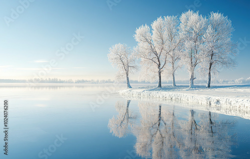 Beautiful scenery of rime with snow on the lake in winter