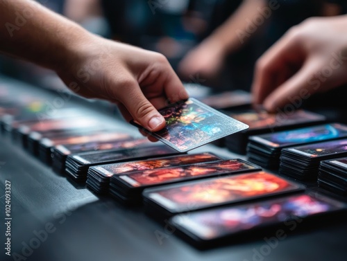 Hands exchanging trading cards at a gaming event. Multiple cards are spread on a table, showcasing colorful artwork and design details.