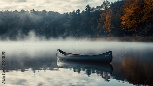 A misty lake in the early morning, with a lone canoe drifting peacefully across the calm waters