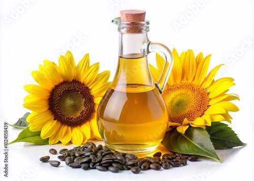 Sunflower Oil in Glass Bottle with Sunflower and Seeds Isolated on White Background for Healthy Cooking and Natural