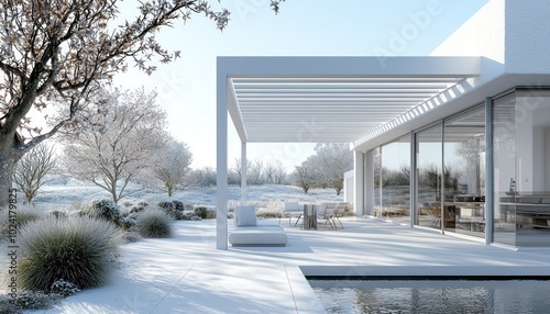 Architectural plan for a bioclimatic pergola integrated into a contemporary home.