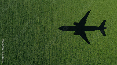 Aerial view of airplane shadow cast on vibrant green field, showcasing contrast between aircraft and lush landscape below. image evokes sense of travel and adventure