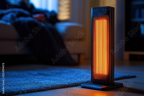 a portable heater standing on the floor in the living room with blurred background next to a person sitting on sofa