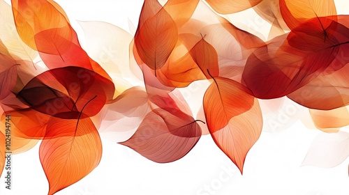 graceful leaf dance, warm autumn tones, stylized foliage shapes, asymmetrical layout, graphic design elements, seasonal illustration, crisp white backdrop