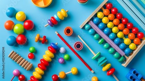 Color coded educational toys with sticks on blue background