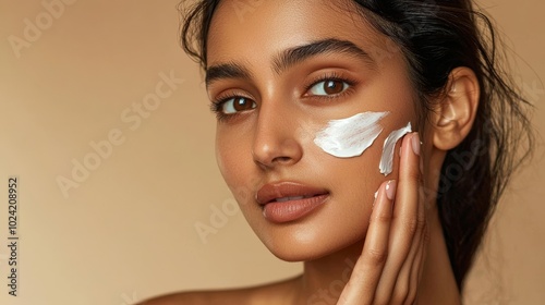 an indian woman applying cream to her face - studio portrait