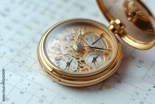 Vintage golden pocket watch with visible mechanism on calendar, time management and complexity concept, watchmaking art