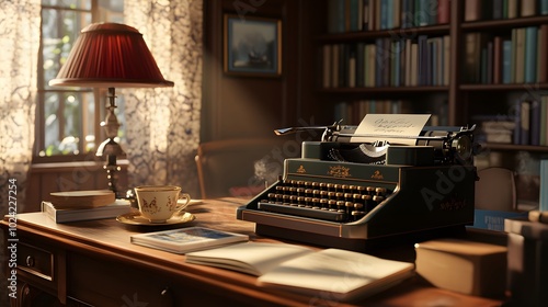 85. A novelists desk with a typewriter, notebooks, and a coffee cup, set in a cozy, literary-themed office