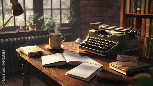 85. A novelists desk with a typewriter, notebooks, and a coffee cup, set in a cozy, literary-themed office