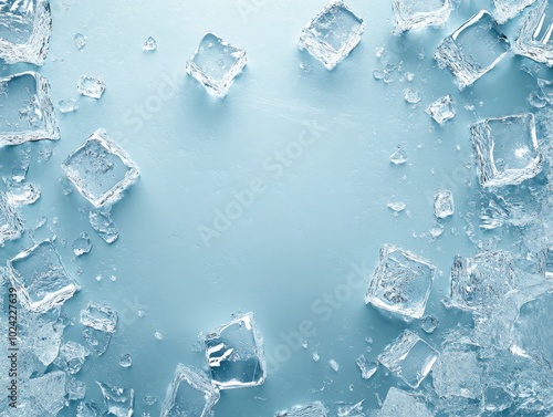 2408 94.An eye-catching 3D depiction of an icy surface featuring an array of ice cubes strategically placed in the upper left and lower right corners. The smooth, light blue background highlights the