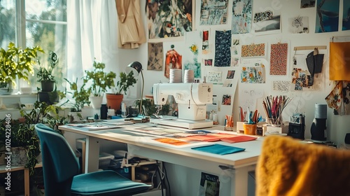 23. A fashion designers studio desk with fabric swatches, sketches, and a sewing machine, surrounded by inspiration boards in a brightly lit space