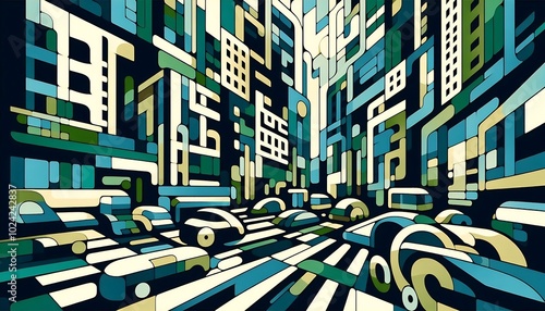 Busy city street in cubist style, featuring abstract organic and geometric shapes in green and blue.