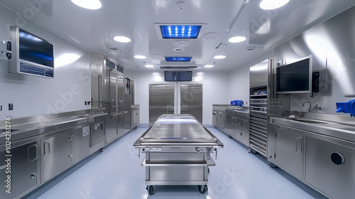 Empty autopsy room with a metal table is ready for a forensic pathologist