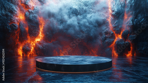 Round empty podium glowing surrounded by volcanic magma eruption, smoke and dark background