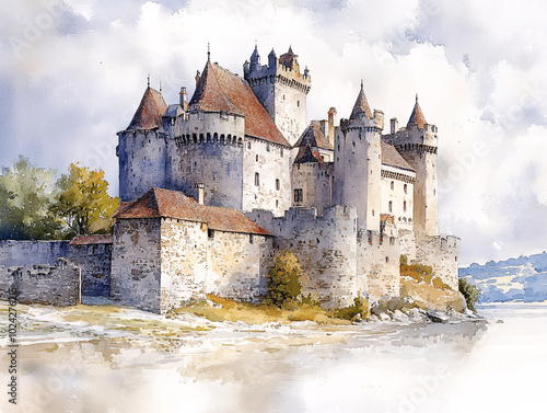  a watercolor painting of a castle with a moat. The castle has a tall tower with a pointed roof and two turrets. The moat is filled with water. The painting is done in an impressionistic style.