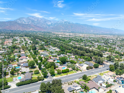 Aerial view of Upland city in San Bernardino County, California, on the border with neighboring Los Angeles County. 