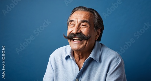 Elderly Latino man with bushy mustache laughing soft blue background