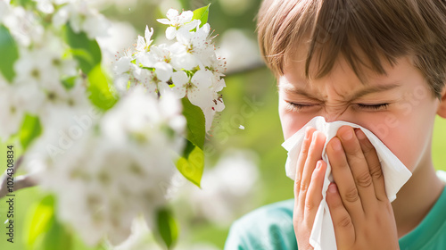 Person sneezing into tissue amidst blooming flowers and green leaves, symbolizing allergy season, with ample copy space for text or design elements.