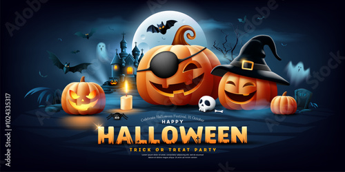 Happy Halloween text design, celebrate festival, 31october, pumpkins, ghost, bat flying, candle, moonnight, banner design on dark blue background, Eps 10 vector illustration 