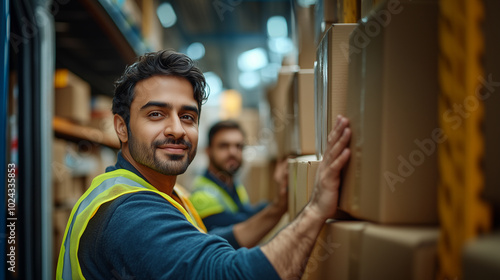 A man in a yellow vest is standing in a warehouse with boxes