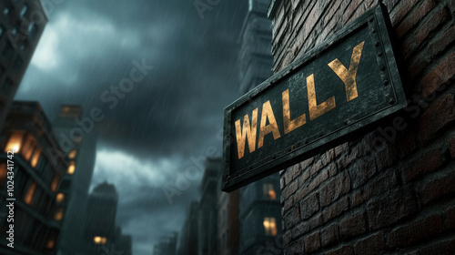 Wally street sign in shadowy urban environment with stormy clouds evokes sense of mystery and intrigue. rain adds to dramatic atmosphere of cityscape