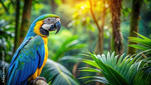 Blue and yellow macaw flying in lush rainforest with asymmetrical composition