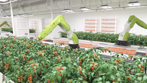 Automated organic farm with robotic arms growing food. Realistic 3d render.