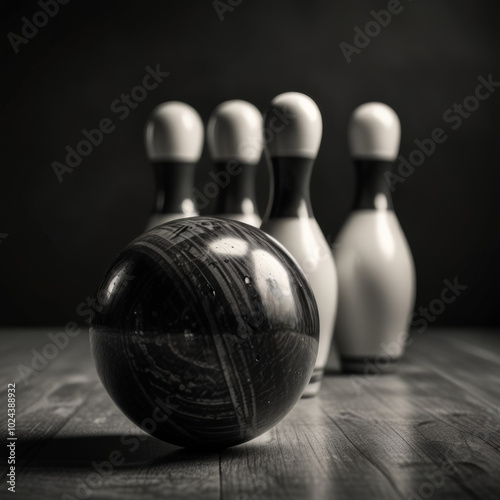 Bowling ball and pins on black