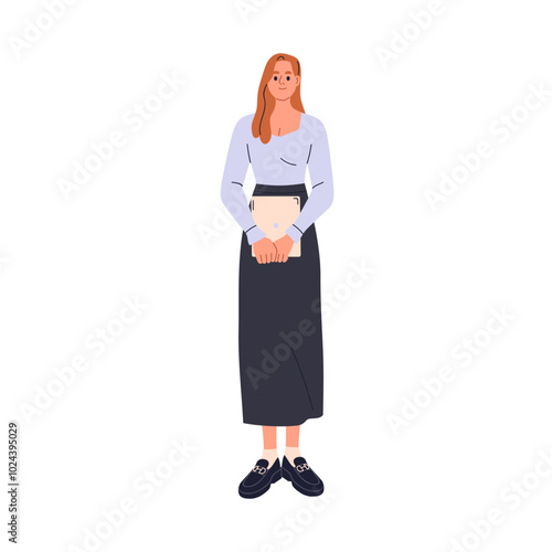 Office worker in moder fashion outfit. Female student standing. Business woman in stylish attire, long skirt. Professional, girl employee. Flat vector illustration isolated on white background