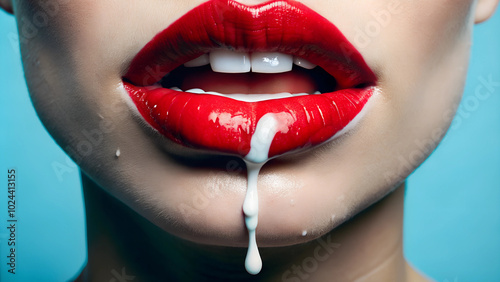 The woman's lustful red lips dripped with white sticky milk. Blue background, close-up.