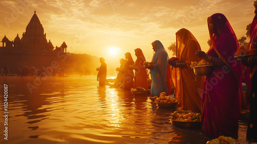 dawn view on river bank during Chhath Puja, women wearing colorful saris standing in water with offerings of fruits and flowers in hands, sun has just risen, Ai generated images