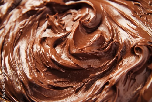 A smooth, rich spread of chocolate with thick, textured swirls. The chocolate appears glossy