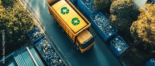 Recycling truck on urban road overview