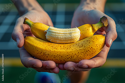 Hands holding three ripe bananas in a simultaneous display of sizes