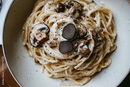 Delicious pasta with mushrooms and black truffles on a white plate.