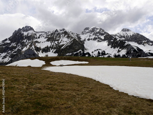 alpine landscape with meadows, mountain range covered in snow in spring in col de cenise, haute savoie, french alps