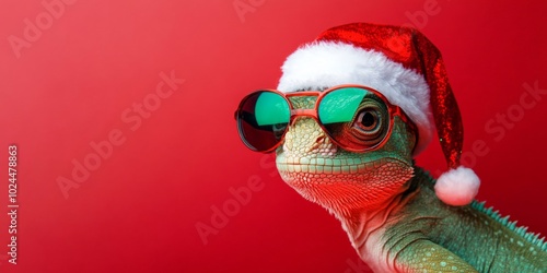 Merry Christmas concept holiday vacation winter animal pet greeting card - Cool chameleon with sunglasses and santa claus hat, isolated on red background