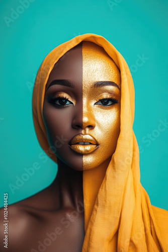 woman with one side of her face painted gold and the other side natural, wearing a golden headscarf against a teal background