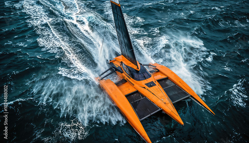 Orange racing trimaran sailing fast in rough sea