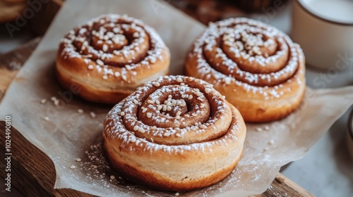 Tres bollos de canela espolvoreados con azúcar se presentan en una bandeja de papel, perfectos para el desayuno o merienda. 